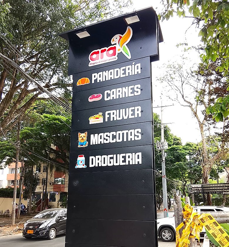 Tótem exterior de señalización de categorías para tienda ara